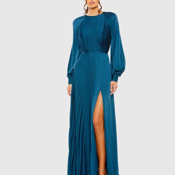 NWTMac Duggal 26590 Peacock Blue Pleated High Neck Raglan Long Sleeve Size 6